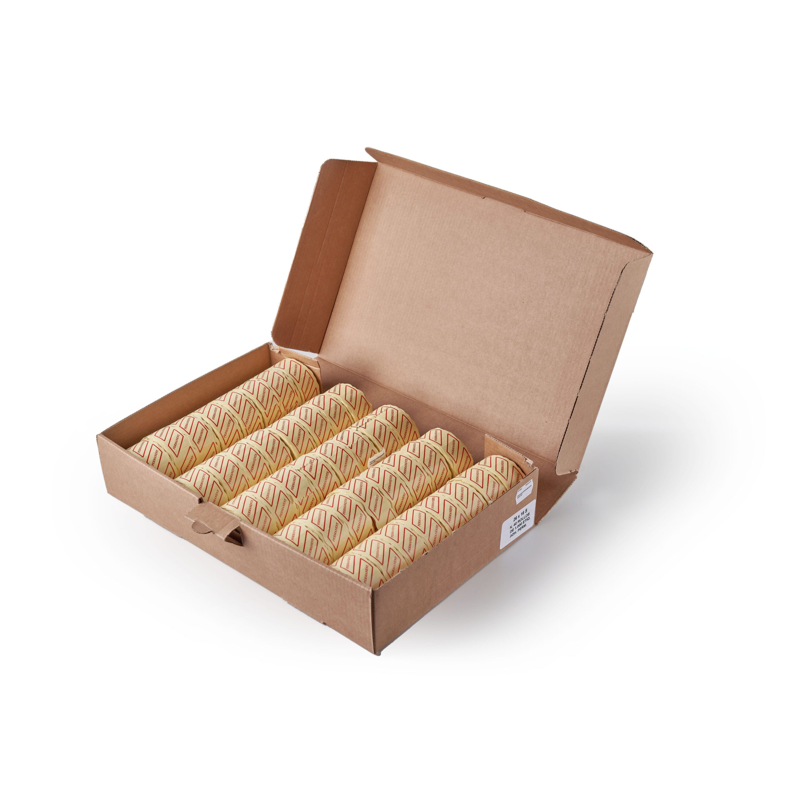 Caja de Etiqueta blanca de 26x16 mm impresa con número de lote y fecha de consumo preferente.