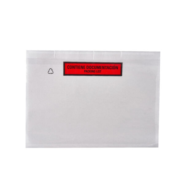 sobre packing list transparente 228x165mm con impresion contiene documentacion