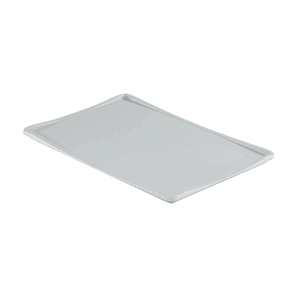 Vista superior de la Tapa para Cajas de Plástico, destacando su color gris y su diseño robusto.