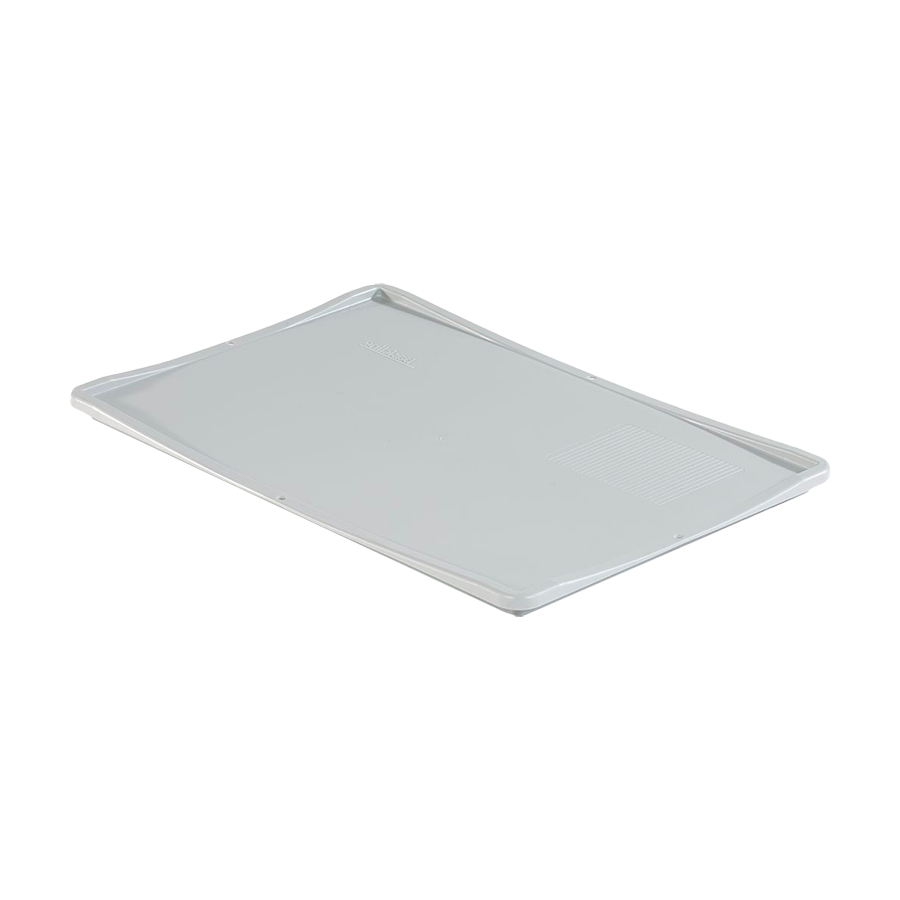 Vista superior de la Tapa para Cajas de Plástico, destacando su color gris y su diseño robusto.