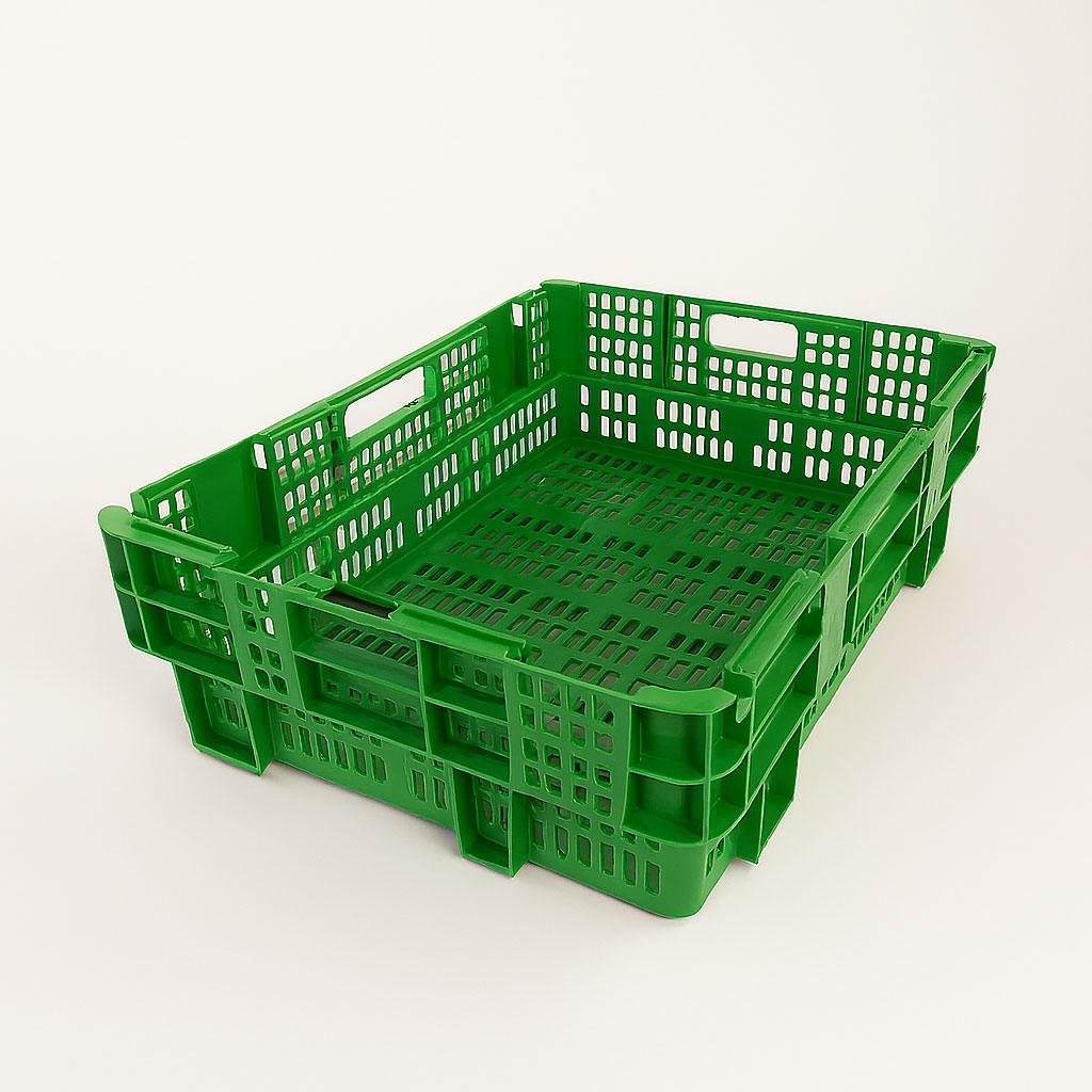 Descubre nuestra caja de plástico apilable de 400x300x120mm. Perfecta para frutas, verduras y carnes, con diseño apilable y encajable para maximizar tu espacio. 20149