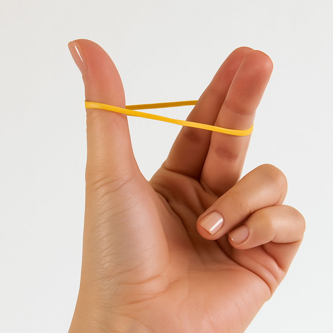 Nuestras gomas elásticas finas amarillas (50x2x1.6 mm), fabricadas en caucho natural, ofrecen gran elasticidad y y resistencia (>10 MPa). 21340M-mano