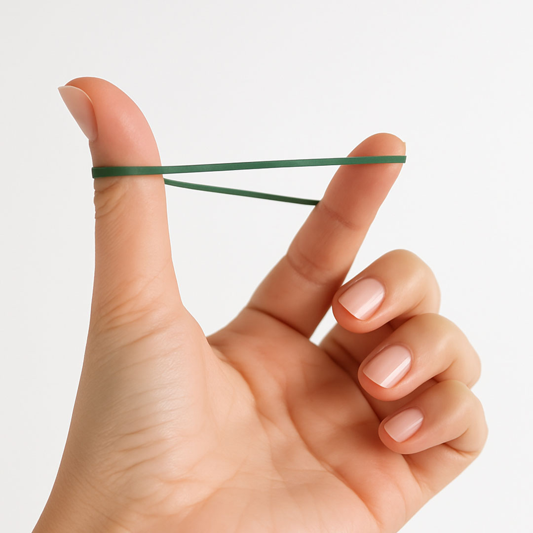 Nuestras gomas elásticas finas verdes (50x2x1.8 mm), de caucho natural, ofrecen gran elasticidad y resistencia. 4816T-mano