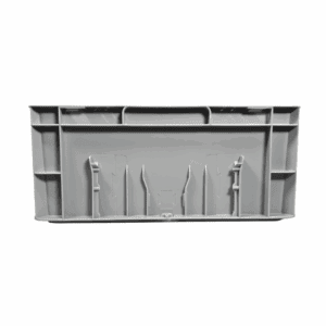 Visión lateral de la caja de almacenaje de plástico gris Eurobox (400x300x175mm), mostrando nervios verticales para mayor resistencia (Ref 76031 Fijaplast)