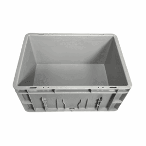 Vista superior de la caja de almacenaje de plástico gris Eurobox (400x300x175mm), mostrando el borde y el interior vacío (Ref 76031 Fijaplast)
